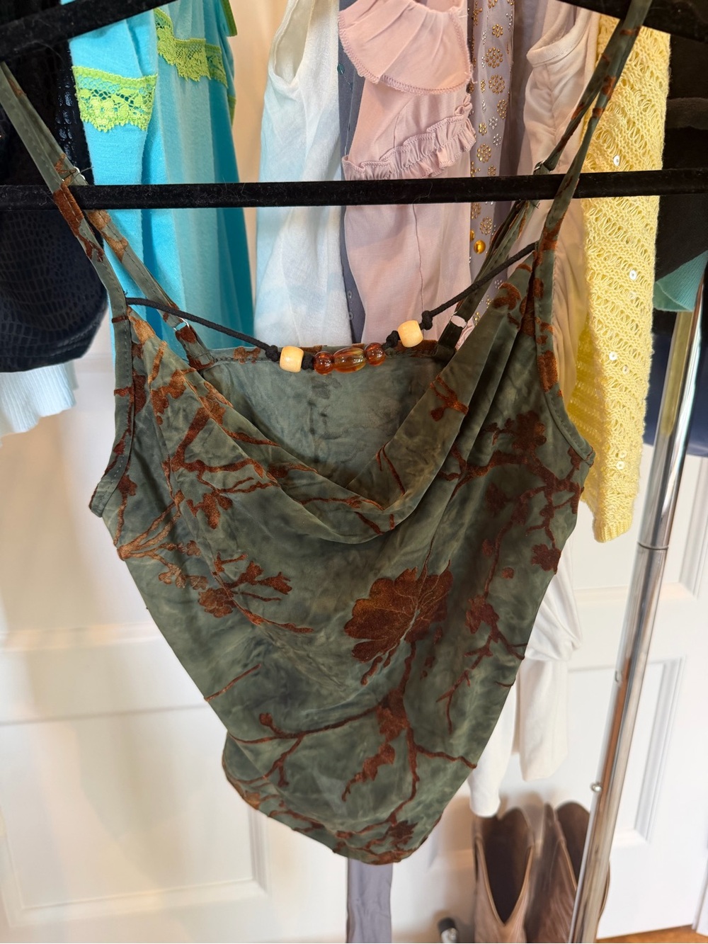 Olive Green Floral Velvet Burnout Cowl Neck Camisole
